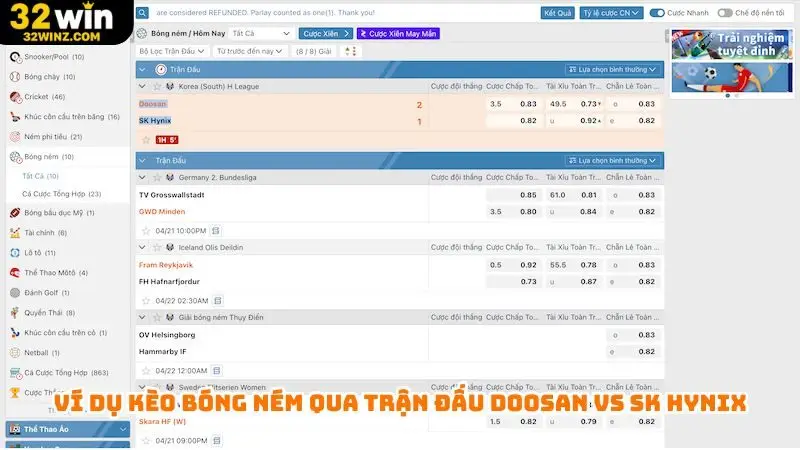 Ví dụ kèo bóng ném qua trận đấu Doosan vs SK Hynix